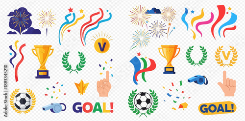 Collection of vibrant soccer and celebration elements including trophies, confetti, fireworks, and goal signs, perfect for sports events and victories.