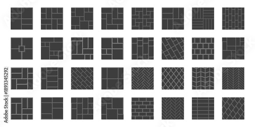 Set of different wall tile patterns. Black ceramic or stone wall textures. Kitchen backsplash or bathroom floor backgrounds. Interior or exterior surface mosaic decorations. Vector flat illustration.