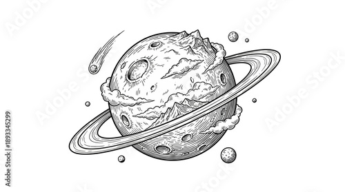 Detailed Illustration of a Planetary Body, Outer Space, Graphic Art, Celestial Environment, Artistic Viewpoint