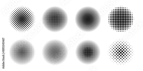 Set of circles with polka dot texture. Round shapes with halftone, noise or grain graphic effect isolated on white background. Circular comic design elements with spotted print. Vector illustration.