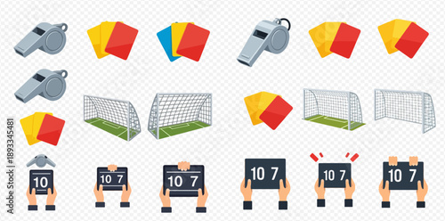 Set of soccer and football game elements including whistles, red and yellow cards, goalposts, and substitution boards.