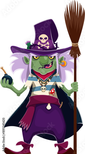 Cartoon Halloween pirate witch character with green skin and wicked grin holding a bomb in one hand and a broomstick in the other. Vector mischievous spooky corsair hag personage dressed in purple hat