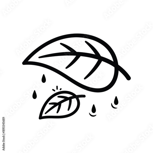 Black outline of two leaves with falling raindrops leaf water