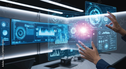 Businessman interacting with a futuristic holographic transparent display showing artificial intelligence data analysis and complex network visualizations