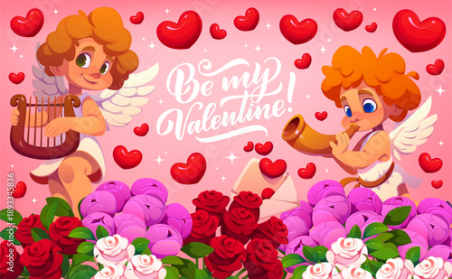 Happy Valentine day greeting card with cherub cupids in flowers, cartoon vector. Be My Valentine love holiday quote with lovely cupid angels playing music on harp and Valentine love message envelope