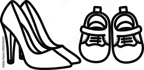 Black outline of women's high heel shoes and baby sneakers footwear highheel
