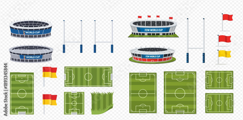 Set of various sports stadiums, fields, and equipment for soccer and rugby games.