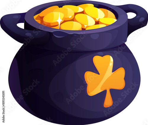Leprechaun pot of gold game asset. Cartoon vector treasure cauldron with golden trefoil clover shamrock leaf emblem, filled with gold coins. Happy St Patrick day Leprechaun pot, symbol of good luck