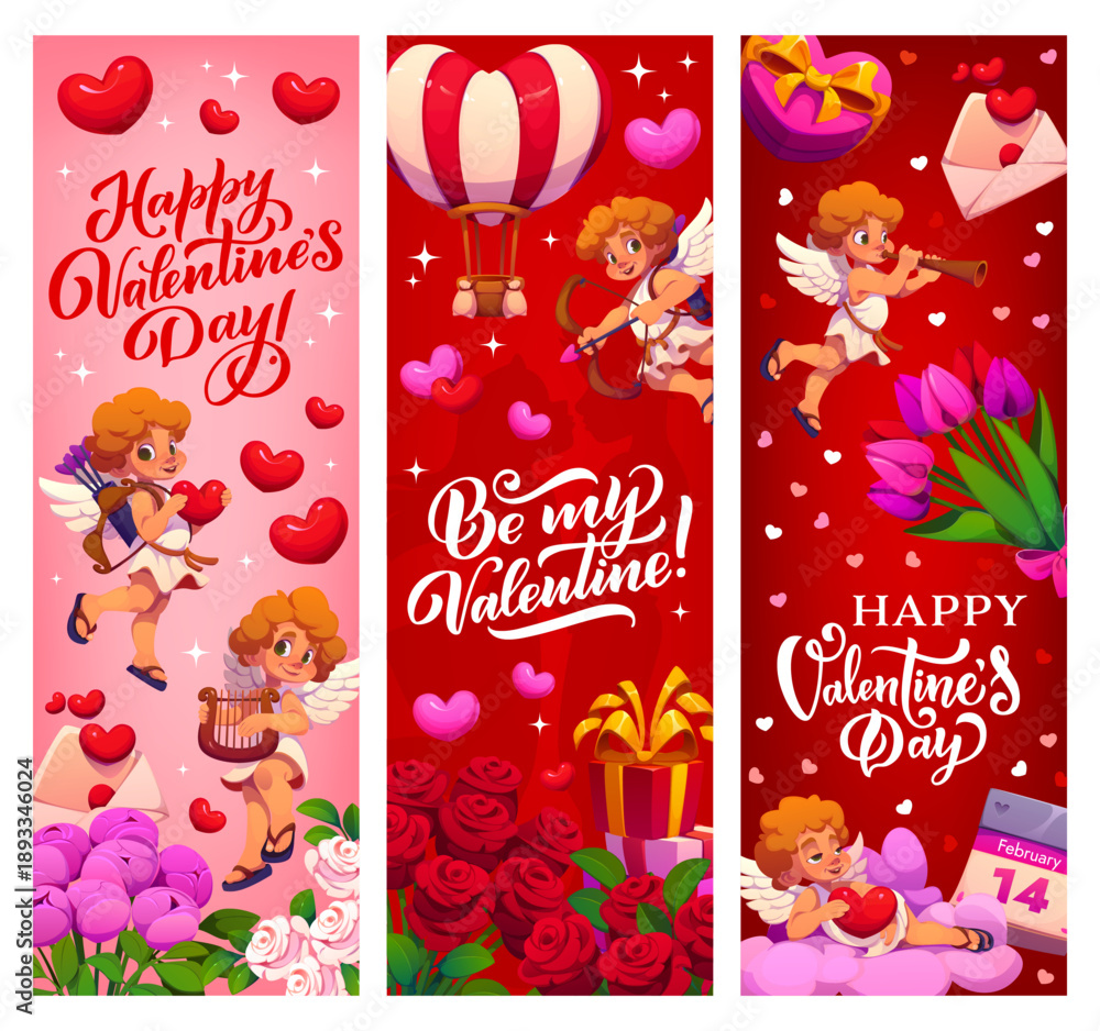 Fototapeta premium Happy Valentine Day vector banners with cartoon Cupids characters. Romantic love holiday hearts, gift boxes, flowers and Cupid cherub angels, hot air balloon and Valentines love card, greeting banners