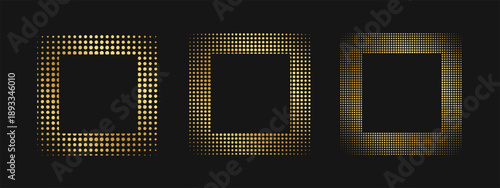 Set of golden square frames with halftone borders. Gold quadrangular shapes with dotted, confetti or grainy texture isolated on black background. Luxury design elements. Vector illustration.