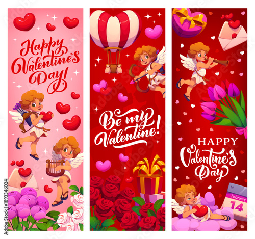 Happy Valentine Day vector banners with cartoon Cupids characters. Romantic love holiday hearts, gift boxes, flowers and Cupid cherub angels, hot air balloon and Valentines love card, greeting banners