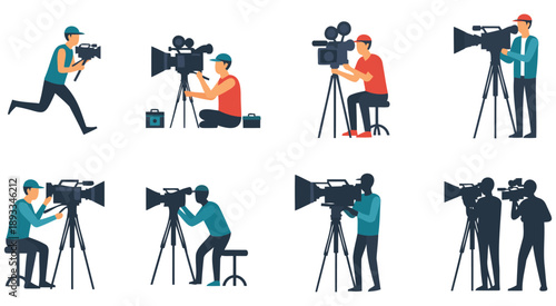 Professional film crew filming on set with cameras and tripods in studio and outdoor