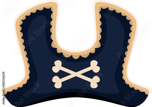 Cartoon pirate tricorn hat with beige trim and crossed bones decoration. Vector captain headwear for , corsair and buccaneer sea fantasy adventure with vintage oceanic and swashbuckling pirate spirit
