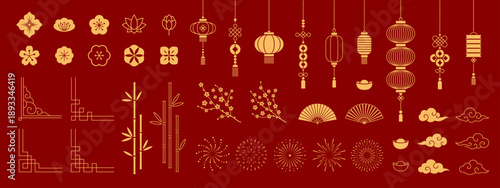 Oriental Asian Japanese and Chinese design elements, frames and ornaments, vector icons. Chinese design elements of golden ingot with cloud and bamboo or paper lantern and sakura cherry blossom flower