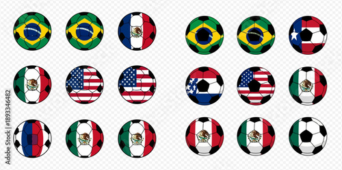 Collection of soccer balls with flags of various countries including Brazil, Mexico, and USA, representing international football.