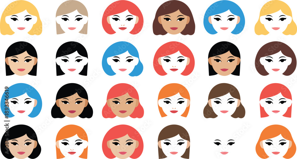 Fototapeta premium Flat Female Face Avatar Icons With Diverse Hairstyles
