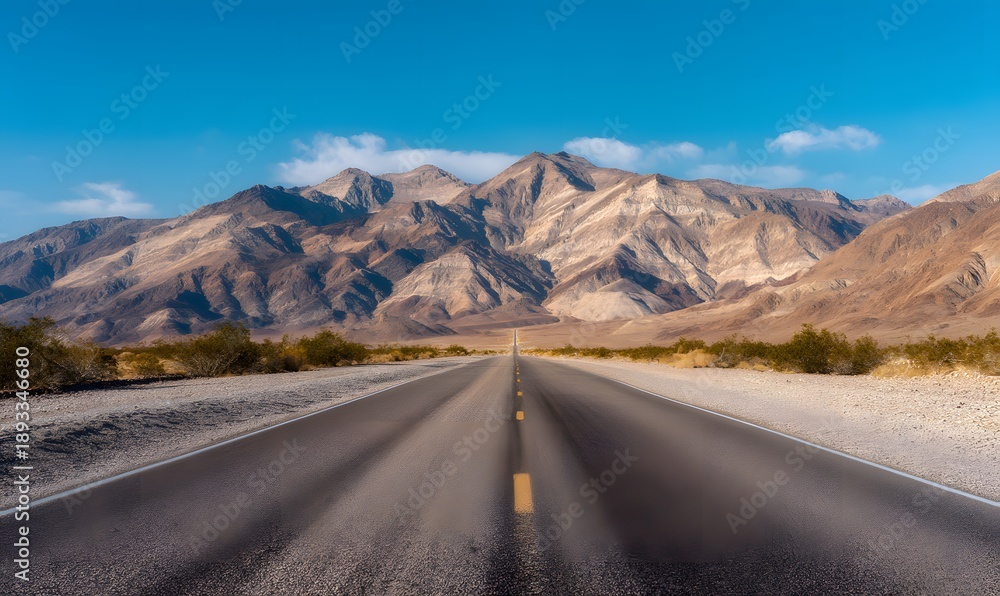 Naklejka premium perfectly centered symmetrical composition, low angle camera almost touching the asphalt, a long straight desert highway with a subtle dip and rise