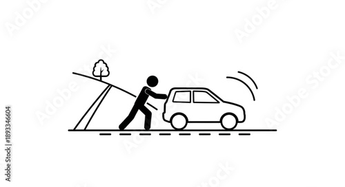 Person Pushing Car Uphill Icon Symbol.