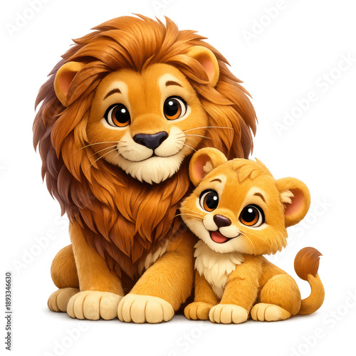 Adorable cartoon lion and cub family isolated on transparent background