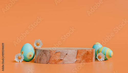Easter eggs and wood podium for product display on orange background. 3D rendering