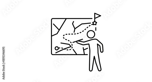 Person pointing to a map with a dotted line route and flag.
