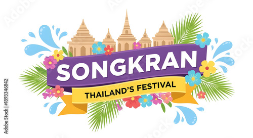 Songkran thailand festival logo with temple and floral elements