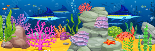 Cartoon blue marlin fish and coral reefs underwater ocean landscape. Vector sea life scene with tropical fish shoal, crab, starfish, seaweed, rocks and sand. Marine seascape, aquatic wildlife panorama