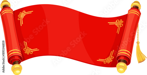 Asian New Lunar Year red scroll manuscript, ancient Chinese banner with traditional ornaments and decorative knots. Cartoon vector blank ancient Asian manuscript. Festive lunar new year CNY symbol
