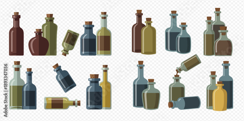 Set of various vintage glass bottles with corks, containing different liquids, isolated on a transparent background.