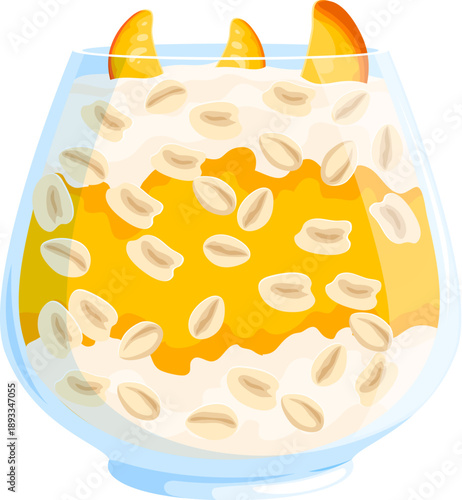 Cartoon oatmeal dessert in glass bowl. Isolated vector sweet healthy breakfast meal, morning food, creamy oat porridge with milk texture, grain flakes and fruit slices layered inside transparent glass