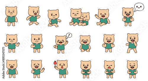 Cute cartoon teddy bears in various playful poses and emotions flat design illustration