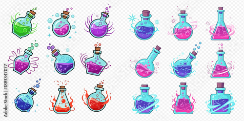 Fantasy magic potion bottles set with colorful liquid for game assets.
