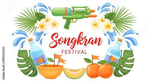 Songkran festival celebration with water gun and tropical leaves