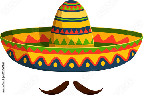Cartoon mexican cowboy sombrero hat with mustaches. Cinco de Mayo holiday vector sombrero, charro cowboy wide hat. Amigo men costume or mariachi musician outfit or headwear with colorful folk ornament