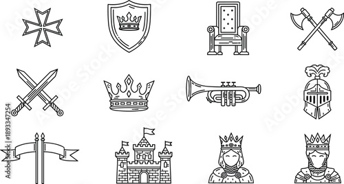 Medieval icons, royal symbols, fantasy elements, knight gear, castle illustration, crown, throne, weapons, heraldry, silhouette vector, black and white