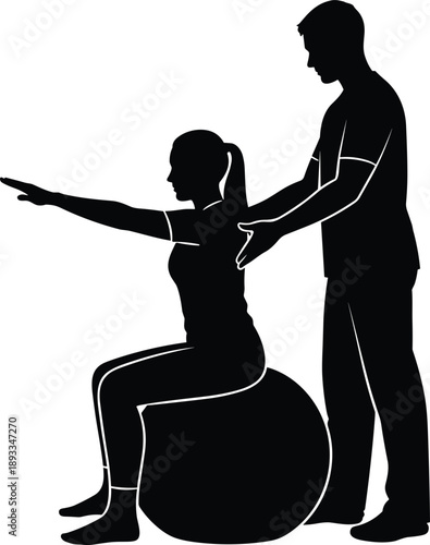 Physical therapy, rehabilitation exercise, fitness training, posture correction, balance support, gym workout, silhouette illustration, therapist guidance, exercise ball, body alignment