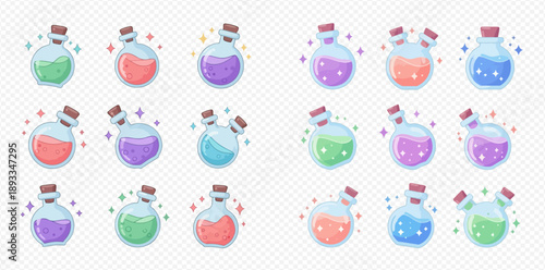 Collection of colorful potion bottles with magical liquid and sparkling effects, perfect for games and fantasy designs.