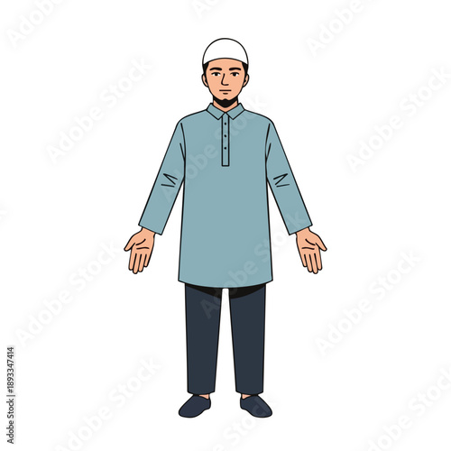 A cartoon illustration of a man wearing a white cap and blue traditional outfit standing with arms outstretched against a clean white background.