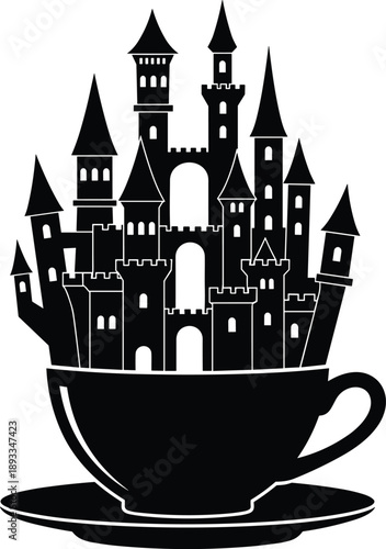 Whimsical castle in teacup silhouette, fantasy architecture, surreal design, black vector art, imaginative concept, magical structure, creative illustration