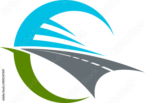 Winding highway path graphic icon or symbol. Speed pathway abstract emblem, asphalt road vector icon. Highway way graphic symbol or label with highway blending into green field under sky blue arc