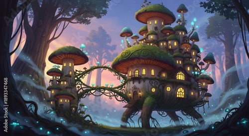 Fantasy Mushroom House in Enchanted Forest at Sunset with Glowing Windows
