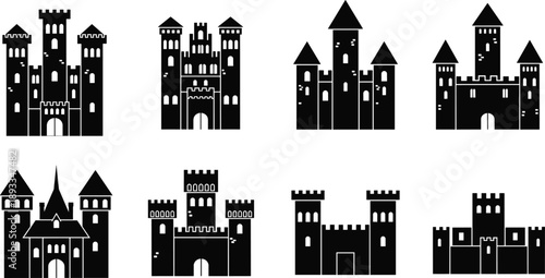 Castle silhouettes, medieval architecture, fantasy towers, black vector icons, turrets, battlements, arched entrances, fortress design, white background, graphic art