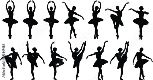 Ballet dancer silhouette collection showing classical poses and graceful motion, elegant performers isolated in black for dance, theater, and artistic performance design