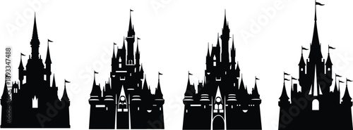 Castle silhouettes, fairy tale towers, fantasy architecture, theme park style, black vector, flags, turrets, symmetrical design, medieval art, white background