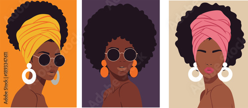 Beautiful African women portrait illustration set featuring afro hairstyles and headwraps, modern flat vector art celebrating fashion, culture, identity, and diversity