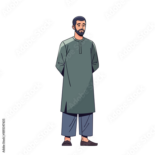 Full-body illustration of a man wearing traditional Middle Eastern attire, standing with hands behind back in a cartoon style against a plain white background with muted earthy tones.
