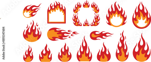 Fire Flame Vector Illustration Set Burning Waves, Sparks, and Motion Effects