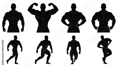 Muscular male fitness poses set in black silhouette flat design vector illustration scalable graphic