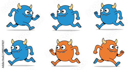 Cuadro en lienzo Cute cartoon monster characters running in playful vector illustration set for k
