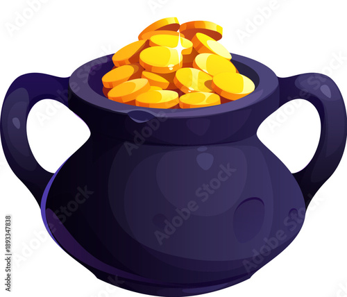 Computer game St Patrick leprechaun pot asset. Arcade design asset, RPG gaming vector environment item. Fantasy videogame level design element with ancient metal pot or cauldron of golden coins